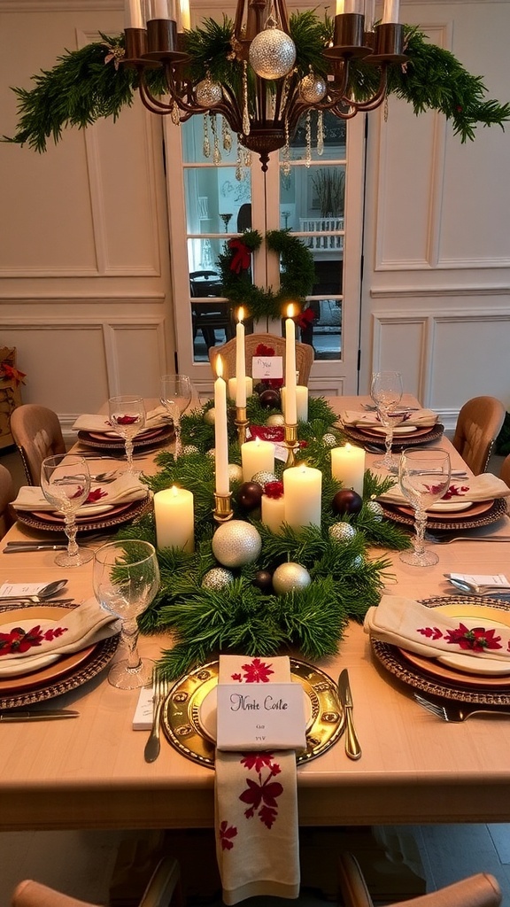 A festive Christmas table setting with evergreen garland, candles, and elegant tableware.